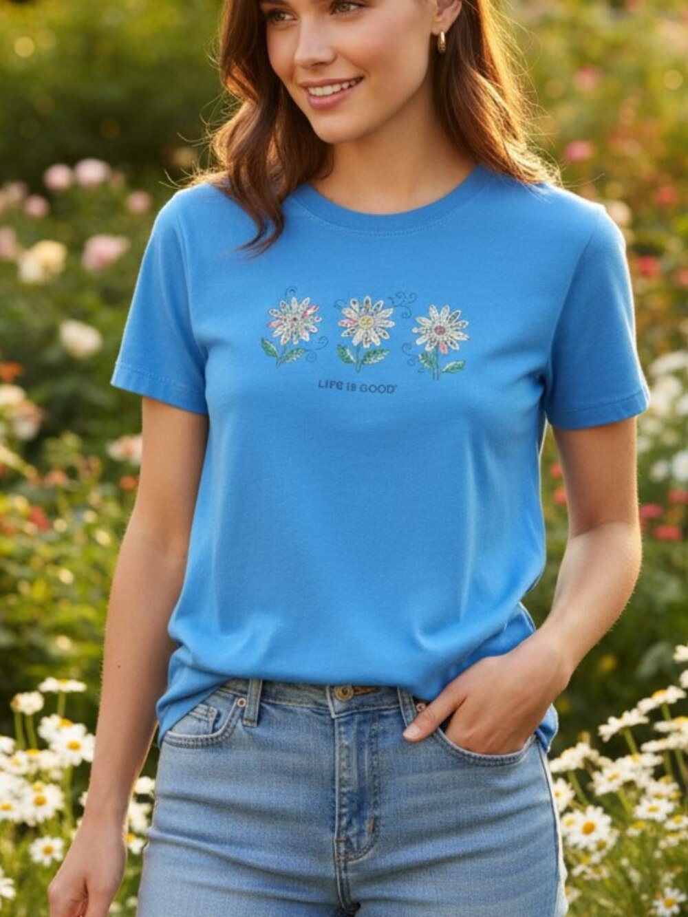 Life is Good Patchwork Doodle Art Daisies W's Crusher Crew Tee Shirt